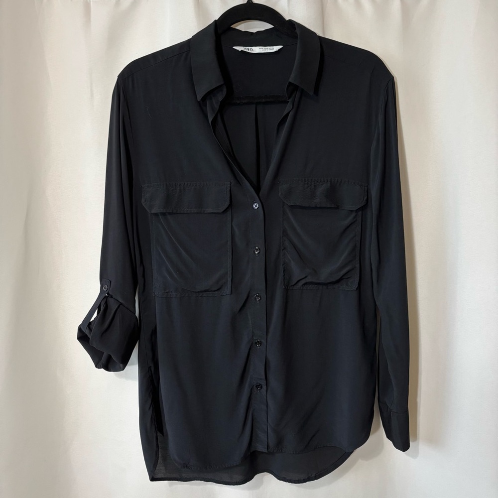 Zara Black Sheer Button Down Blouse Size Small